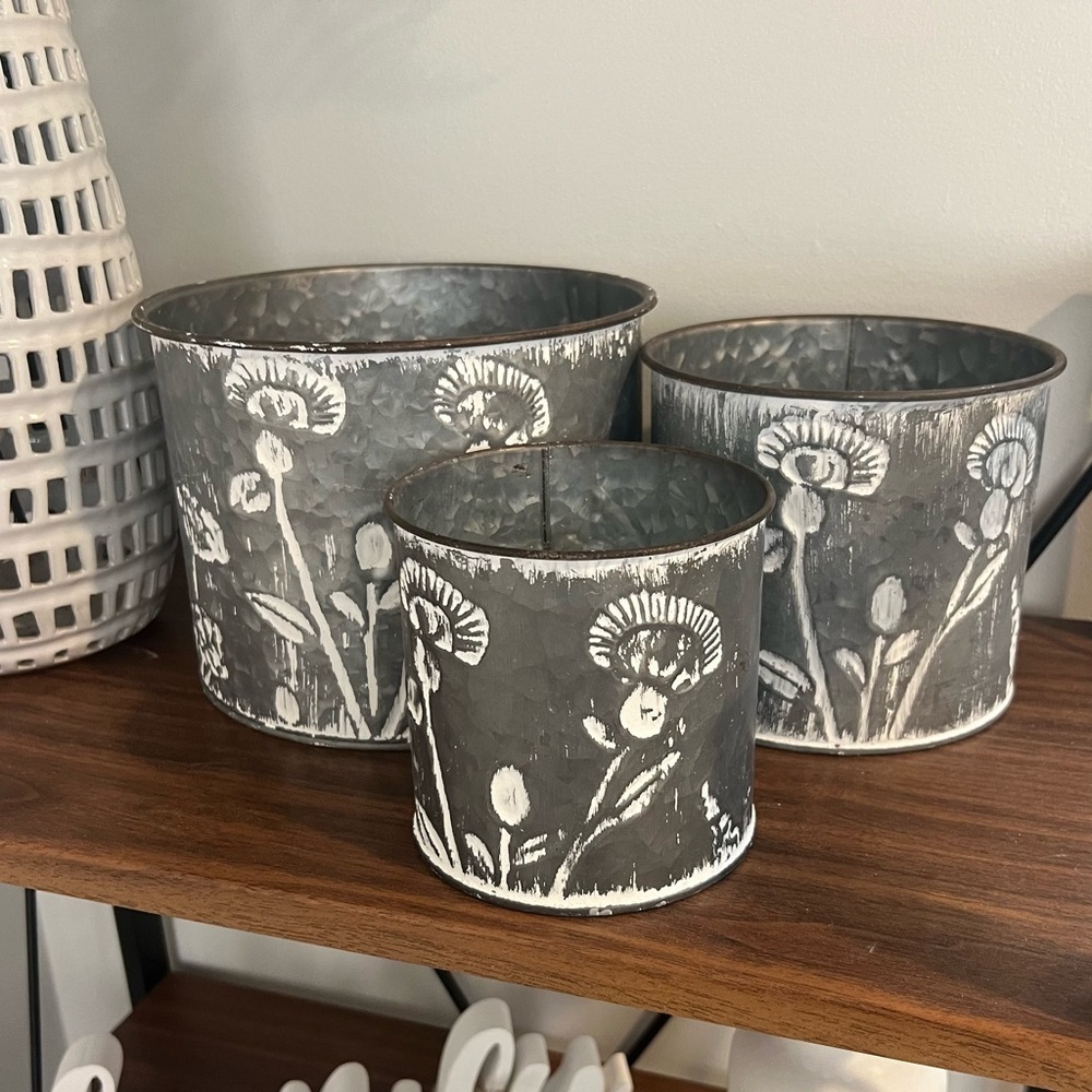 Floral Embossed Metal Planters - Picture 3 of 7